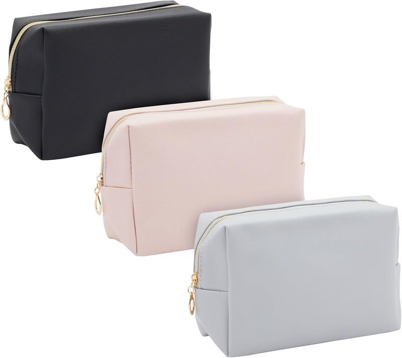 Glamlily 3 Pack Faux Leather Makeup Bag with Zipper, Travel Cosmetic Pouches (3 Neutral Colors)