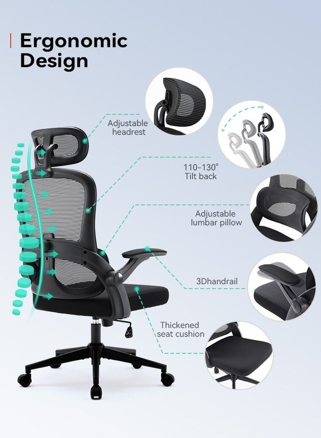 UNIKSAR Ergonomic Office Chair with 6cm Adjustable Lumbar Support, 2D Headrest & 3D Armrests, Breathable Mesh Desk Chair, Reclining Computer Chair for Home & Office, Black - Image 3