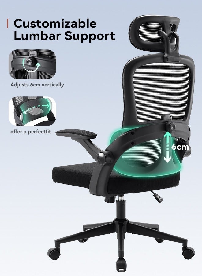 UNIKSAR Ergonomic Office Chair with 6cm Adjustable Lumbar Support, 2D Headrest & 3D Armrests, Breathable Mesh Desk Chair, Reclining Computer Chair for Home & Office, Black - Image 4