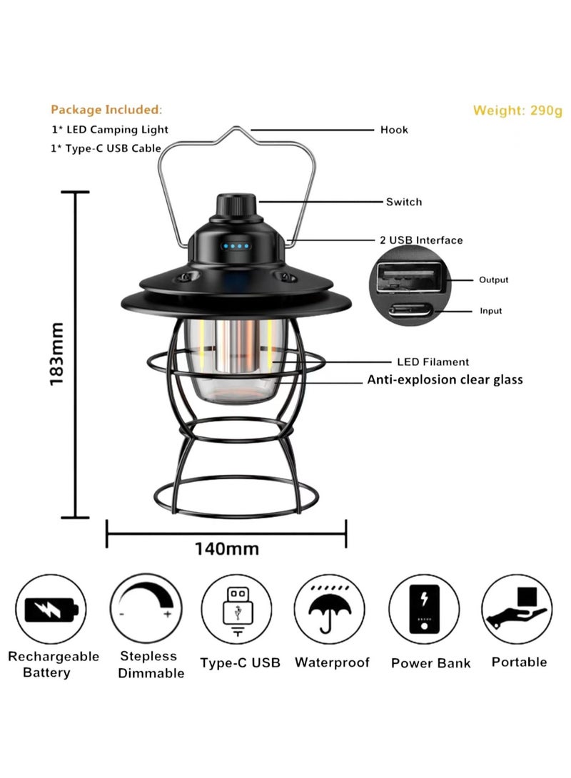 PYC Retro Camping Lantern Rechargeable Led Camping Lamp, 3 Light Mode, Waterproof Tent Light with 2000mAh Power Bank, Portable Dimming Camping Lights for Outdoor Hiking Hurricane Emergency - Image 2