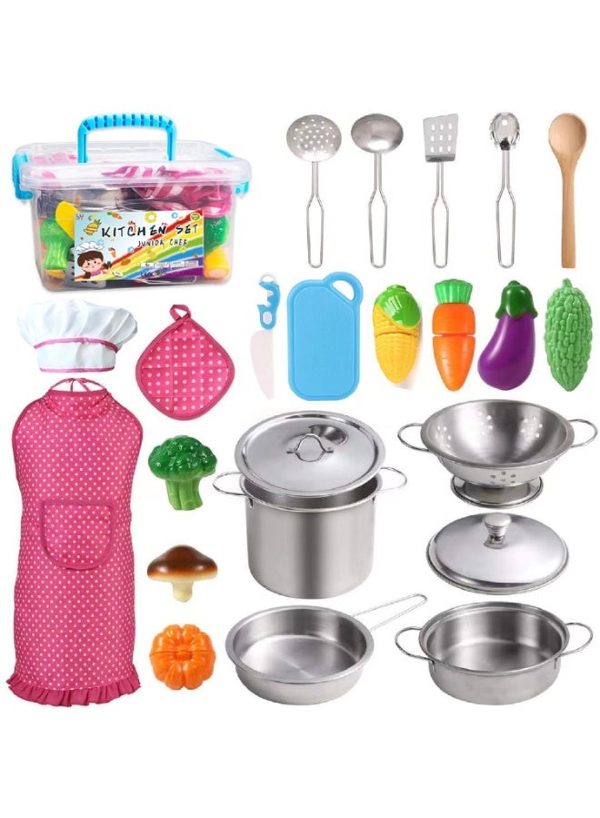 ماماتونس مجموعة ألعاب مطبخ للأطفال مع زي طاهٍ وأدوات طهي من الفولاذ المقاوم للصدأ وتقطيع الخضروات والإكسسوارات، مجموعة ألعاب طبخ مكونة من 23 قطعة للأولاد والبنات - Image 1