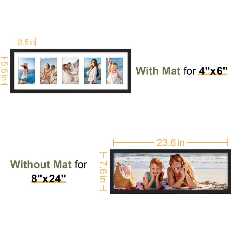 Vittanly 8x24 Collage Picture Frame, Displays 5Pcs 4x6 Pictures with Mat, Picture Frames Collage Wall Decor for Horizontal or Vertical Display, Black, 1 Pack - Image 3