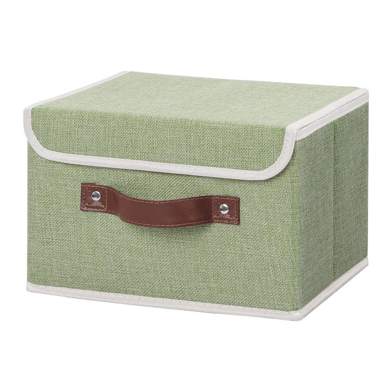 ANMINY Storage Bin with Lid Storage Boxes with PU Leather Handles PP Plastic Board Decorative Foldable Lidded Cotton Linen Fabric Home Cubes Baskets Closet Organizer Container - Green, Small Size - Image 1