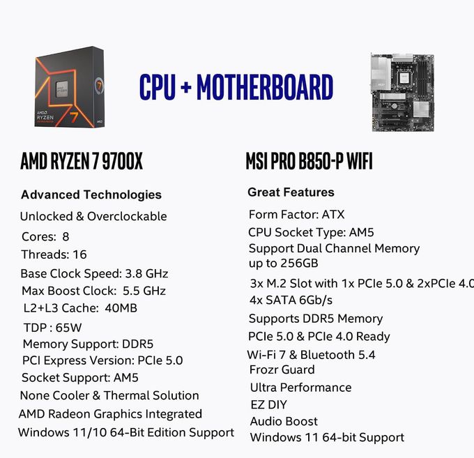 Micro Center Amd Ryzen 7 9700X Cpu Processor With Msi Pro B850-P Wifi Motherboard (Atx, Am5, Ddr5, Pcie 5.0, M.2 Gen5, Wi-Fi 7, 5G Lan) - Image 2