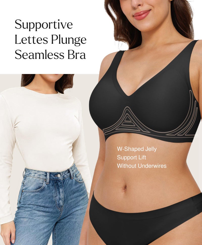 Popilush Wireless Pushup Bra for Women Comfortable Bras Full Support Comfy Seamless Bralettes No Underwire Tshirt Bra Deep V Black - Image 2