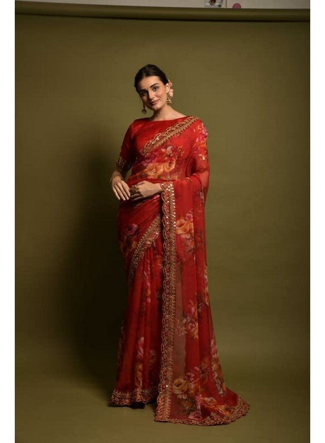 Granthi Enterprise Women's Georgette Floral Print Embroidered Sequin Work Lace Saree With Unstitched Heavy Banglori Satin Blouse Piece | Indian Ethnic Wear Saree For Women (Red) - Image 3