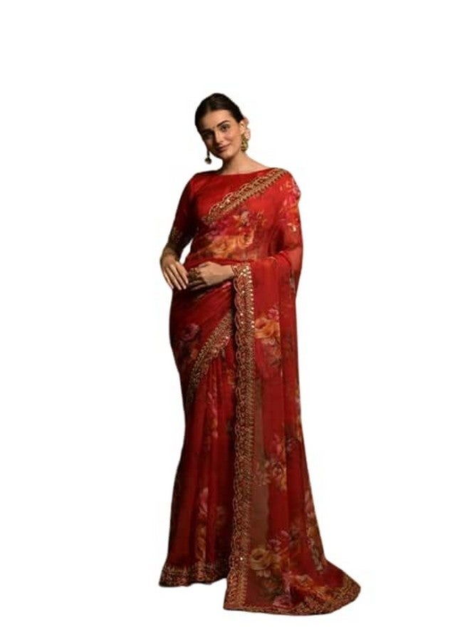 Granthi Enterprise Women's Georgette Floral Print Embroidered Sequin Work Lace Saree With Unstitched Heavy Banglori Satin Blouse Piece | Indian Ethnic Wear Saree For Women (Red) - Image 1