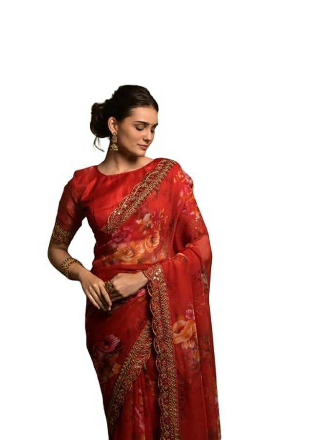 Granthi Enterprise Women's Georgette Floral Print Embroidered Sequin Work Lace Saree With Unstitched Heavy Banglori Satin Blouse Piece | Indian Ethnic Wear Saree For Women (Red) - Image 2