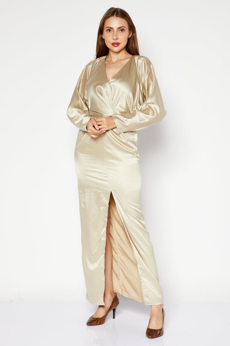 NA-KD Women Belted Batwing Sleeve Maxi Dress, Beige - Image 1