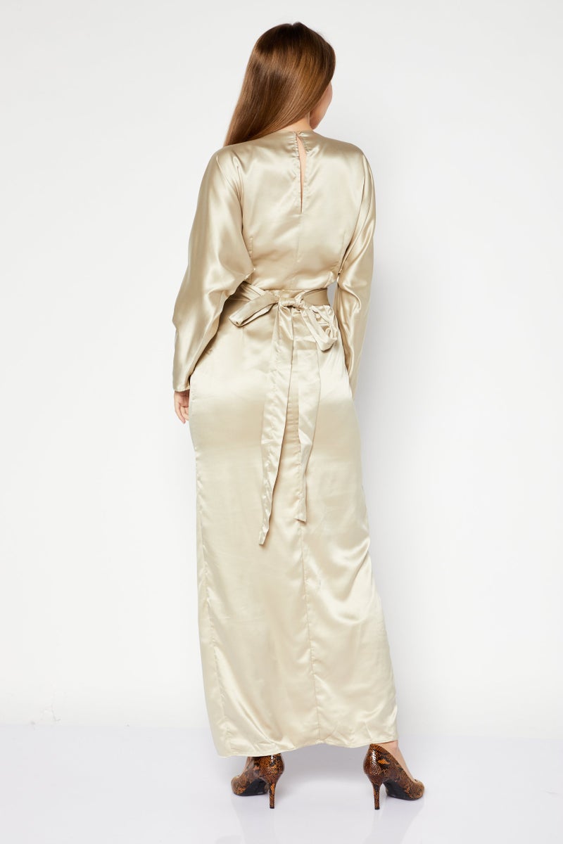 NA-KD Women Belted Batwing Sleeve Maxi Dress, Beige - Image 4