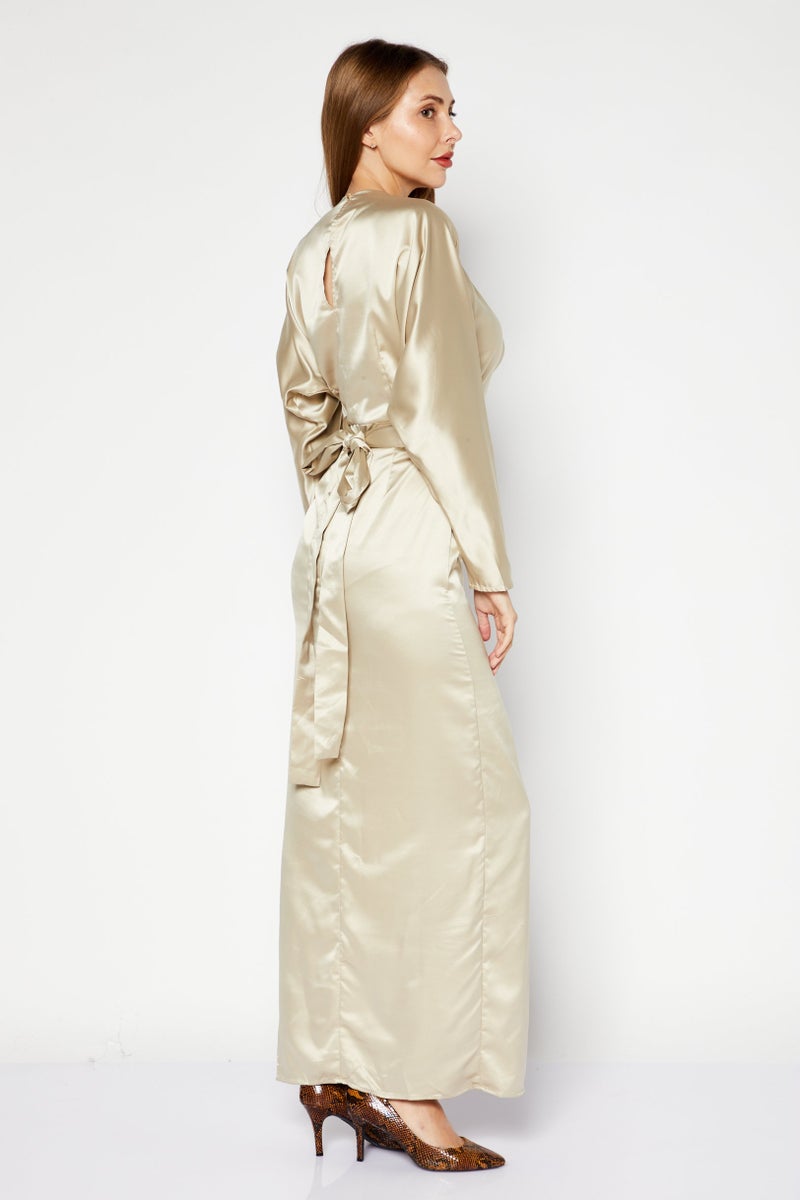 NA-KD Women Belted Batwing Sleeve Maxi Dress, Beige - Image 3