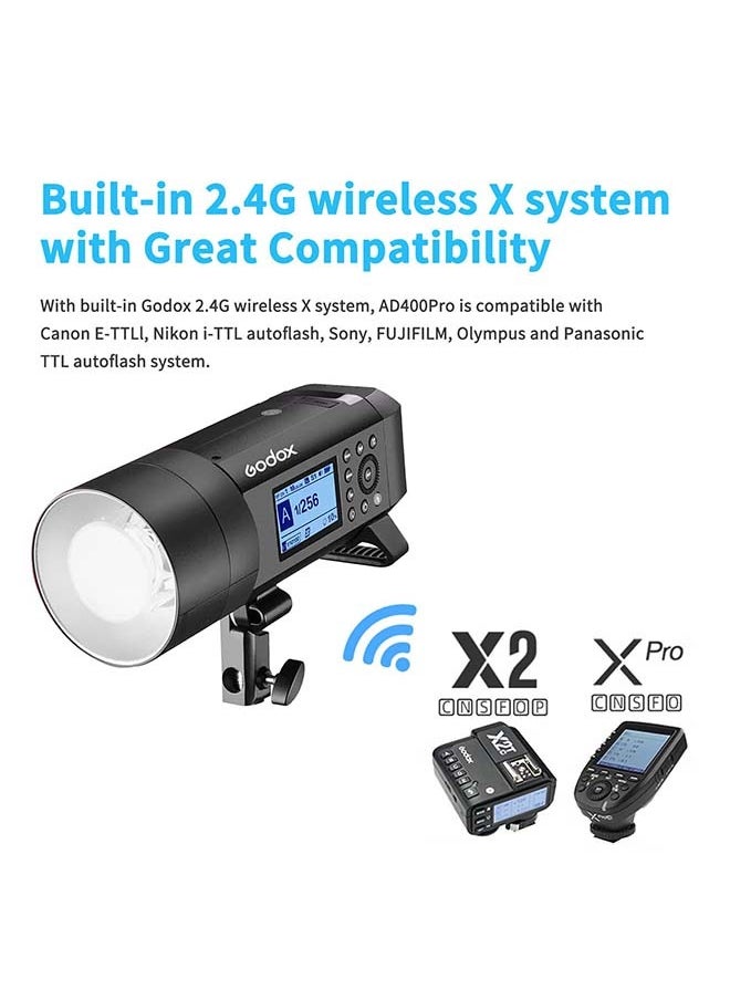 Godox - Godox AD400 Pro AD400Pro Outdoor Flash Strobe, Portable 400W 2.4G TTL 1/8000 HSS Monolight, 0.01-1s Recycle, 30W LED Modeling Lamp with Rechargeable Battery and Bowens Mount - Image 1