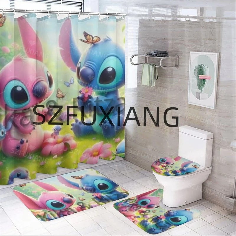 Y&D Competitive Price  Stitch Book Bathroom Mat Set 4 Pcs Waterproof Shower Curtain Cheap Price Bathroom Accessory Set - Image 1