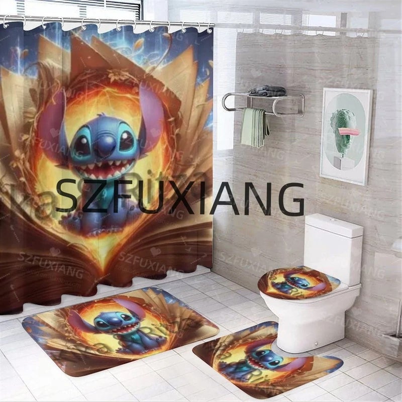 Y&D Competitive Price  Stitch Book Bathroom Mat Set 4 Pcs Waterproof Shower Curtain Cheap Price Bathroom Accessory Set - Image 2