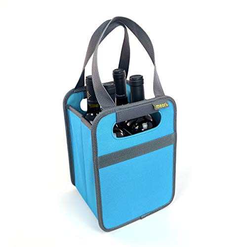 meori Foldable 4 Bottle Wine Tote Azure Blue Organize Crate Glass Dividers Stylish Travel Storage Box Liquor Spirits Tastings Grocery Shopping Hostess Gift, A100815 - Image 1
