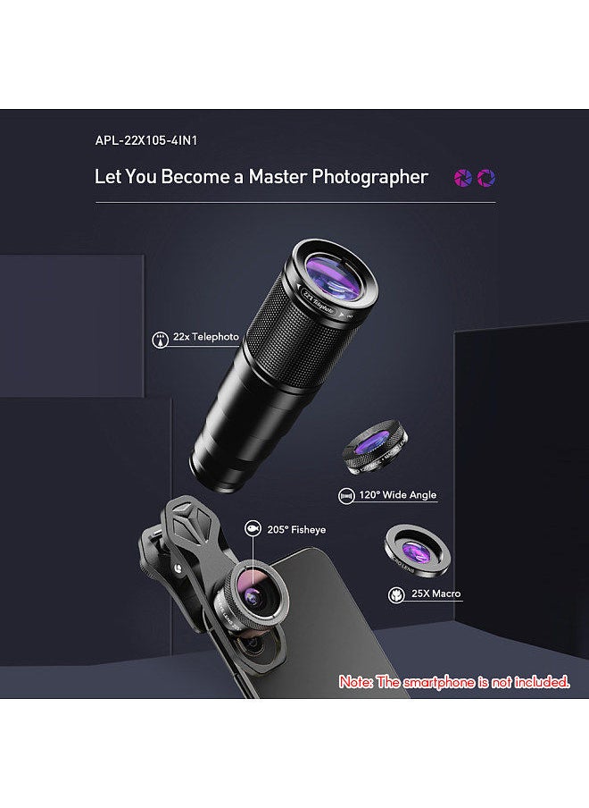 APEXEL APL-22X105-4IN1 Metal Phone Camera Lens 22X Telephoto Lens Fisheye Lens Wide Angle Lens Macro Lens Polarization lens with Tripod Phone Camera Lens Clip  - Image 5