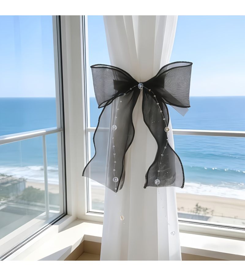 Pink Organza Lace Curtain Trim with Bow Tie Rainbow Beaded Chain Starry Pearl - Image 2