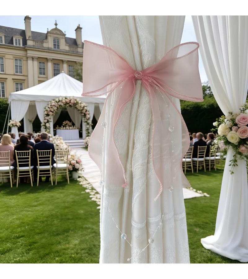 Pink Organza Lace Curtain Trim with Bow Tie Rainbow Beaded Chain Starry Pearl - Image 4
