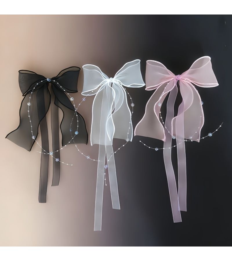 Pink Organza Lace Curtain Trim with Bow Tie Rainbow Beaded Chain Starry Pearl - Image 5