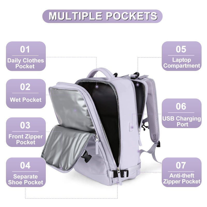 coofay Carry On Backpack Flight Approved Personal Item Travel Backpack For Women Airline Approved Waterproof Sports Luggage Backpack Casual Daypack Small Hiking Backpack Purple Backpack - Image 3