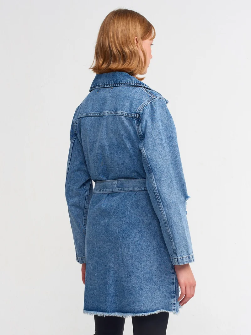 Dilvin 65336 Metal Buttoned Denim Trench Coat-Blue