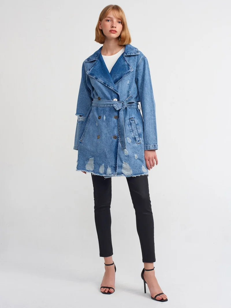 Dilvin 65336 Metal Buttoned Denim Trench Coat-Blue