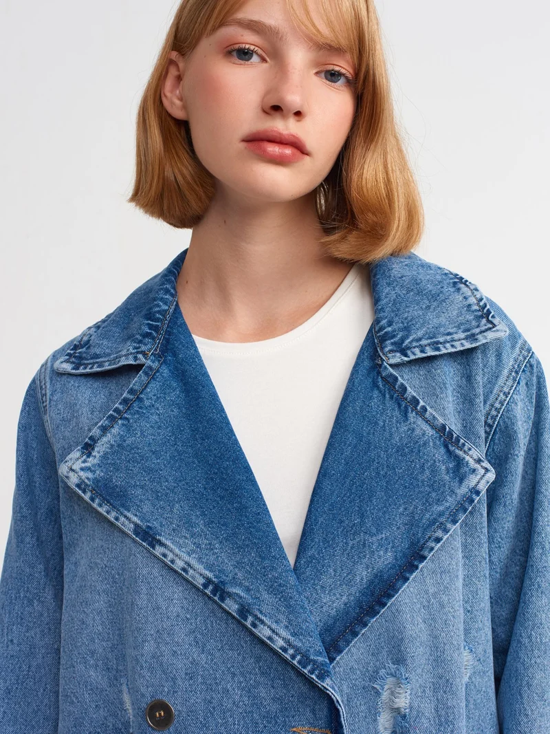 Dilvin 65336 Metal Buttoned Denim Trench Coat-Blue