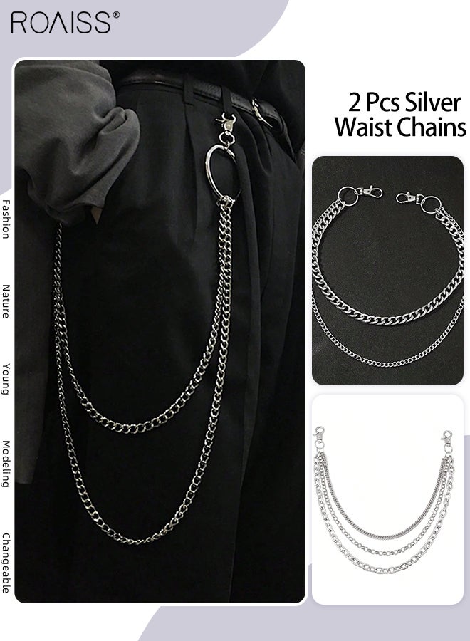 roaiss 2 Pcs Retro Punk-style Multi-layered Pants Chains, Silver Metal Hip-hop Style Waist Chains, Everyday Waist Accessories, Suitable for Men to Daily Wear Outdoor Activities, Sports - Image 1