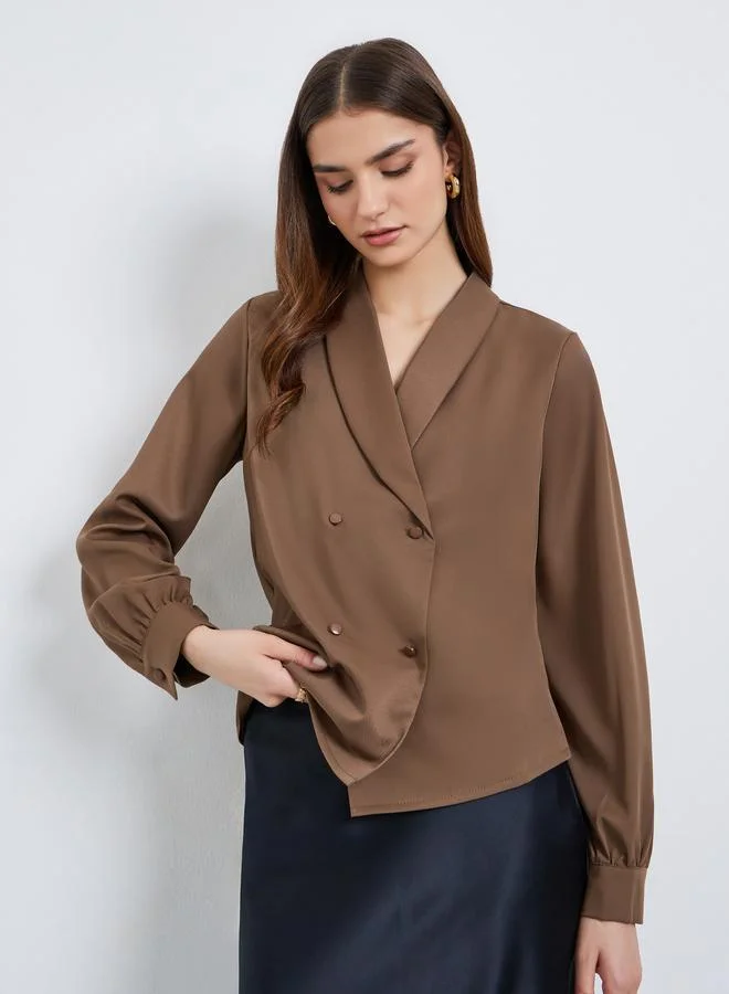 ستايلي بلوزة كاجوال بنمط لف وأزرار مع أكمام طويلة