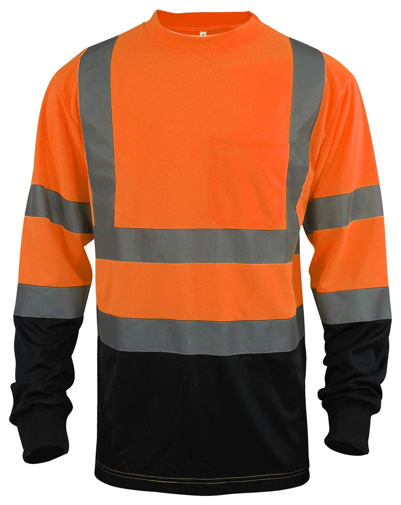 L&M Hi Vis Class 3 T Shirt Reflective Safety Lime Orange Short Long Sleeve HIGH Visibility, Black Bottom (Orange_L, X-Large)