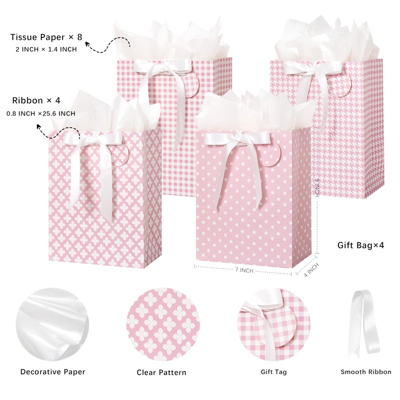 Crisky Pink Gift Bags Medium Size with Handles, Tissue Paper & Ribbon - 4 Pack 9"- Medium Gift Bags for Women Birthday Christmas Wedding Bridal Shower Graduation & New Year Gifts - Image 2