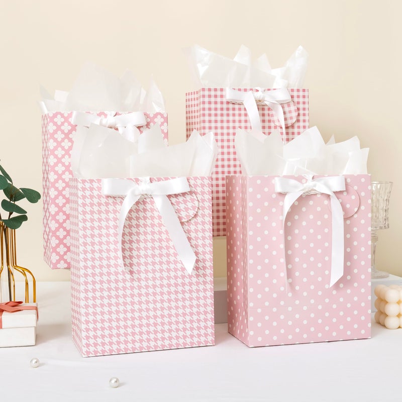 Crisky Pink Gift Bags Medium Size with Handles, Tissue Paper & Ribbon - 4 Pack 9"- Medium Gift Bags for Women Birthday Christmas Wedding Bridal Shower Graduation & New Year Gifts - Image 5