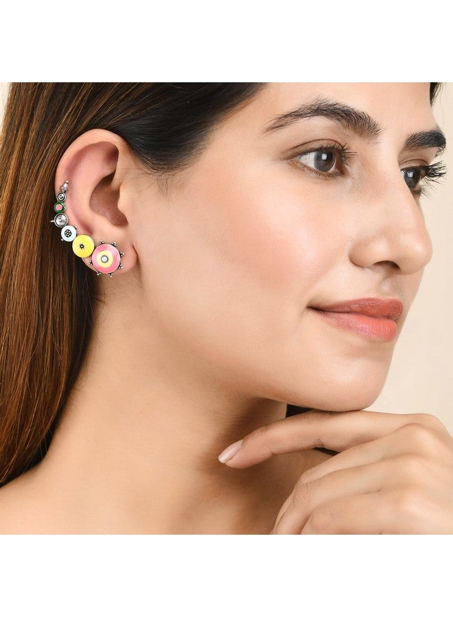 VOYLLA Folklore Enamelled Multicolored Silver Toned Cuff Earrings |Oxidised Earrings For Women|EveryDay|Festive|Wedding|Gift For Women| - Image 3