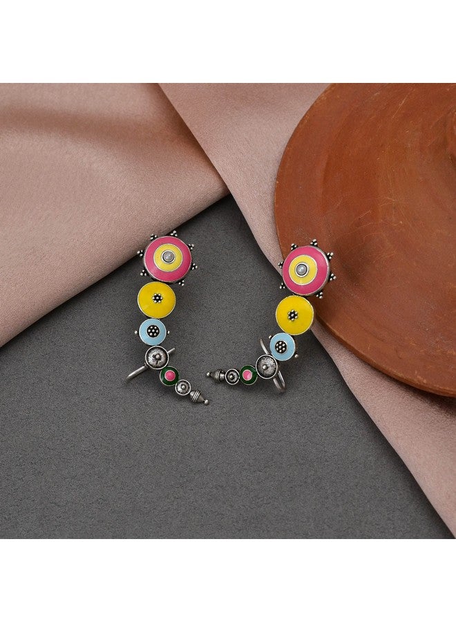 VOYLLA Folklore Enamelled Multicolored Silver Toned Cuff Earrings |Oxidised Earrings For Women|EveryDay|Festive|Wedding|Gift For Women| - Image 2