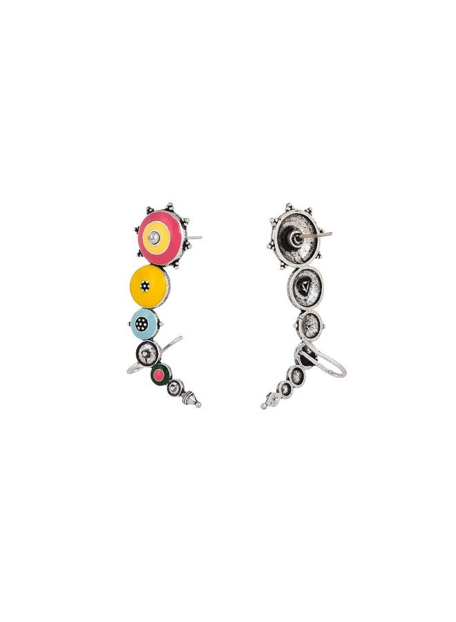 VOYLLA Folklore Enamelled Multicolored Silver Toned Cuff Earrings |Oxidised Earrings For Women|EveryDay|Festive|Wedding|Gift For Women| - Image 5