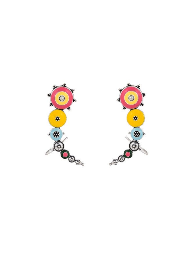 VOYLLA Folklore Enamelled Multicolored Silver Toned Cuff Earrings |Oxidised Earrings For Women|EveryDay|Festive|Wedding|Gift For Women| - Image 1