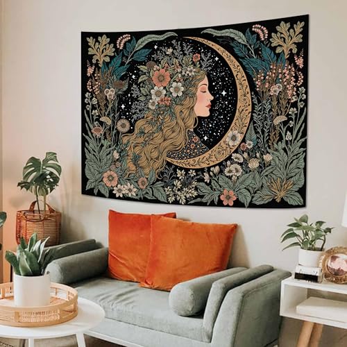 Neasow Moon Girl Floral Tapestry, Botanical Nature Wall Art, Boho Aesthetic Mystic Decor for Living Room Bedroom Home, Green 36x48 inches - Image 4
