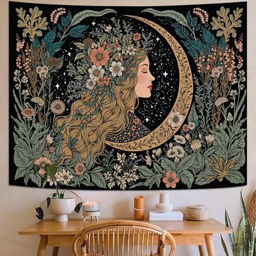 Neasow Moon Girl Floral Tapestry, Botanical Nature Wall Art, Boho Aesthetic Mystic Decor for Living Room Bedroom Home, Green 36x48 inches - Image 2