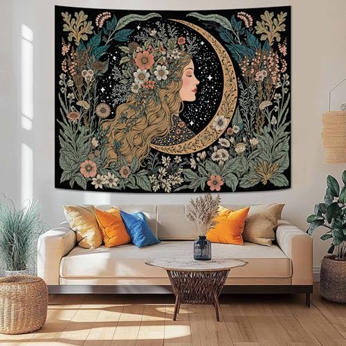Neasow Moon Girl Floral Tapestry, Botanical Nature Wall Art, Boho Aesthetic Mystic Decor for Living Room Bedroom Home, Green 36x48 inches - Image 3