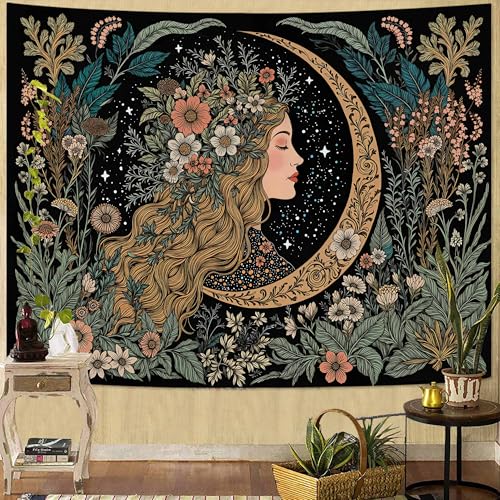 Neasow Moon Girl Floral Tapestry, Botanical Nature Wall Art, Boho Aesthetic Mystic Decor for Living Room Bedroom Home, Green 36x48 inches - Image 1