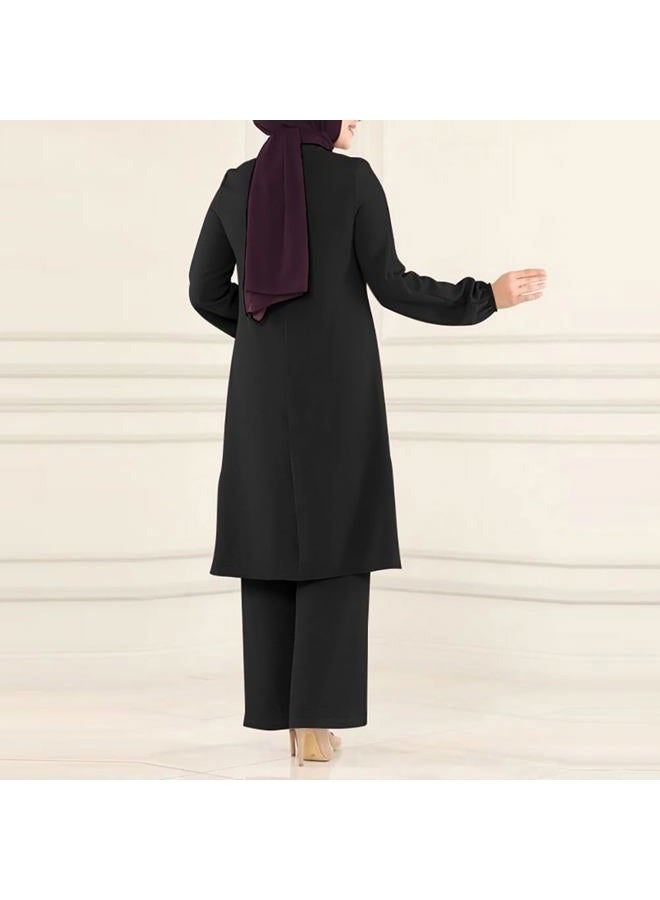 ODIZLI Plus Size Muslim Women's Long Top Dress Wide Leg Pants Women Modest Islamic Dubai Dress Kaftan Abayas Islamic Abaya Eid Ramadan Prayer Clothes Khimar Middle East Outfit Id al-Fitr Black b S - Image 3