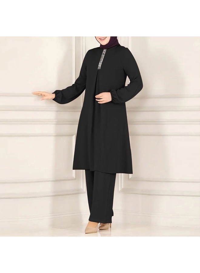 ODIZLI Plus Size Muslim Women's Long Top Dress Wide Leg Pants Women Modest Islamic Dubai Dress Kaftan Abayas Islamic Abaya Eid Ramadan Prayer Clothes Khimar Middle East Outfit Id al-Fitr Black b S - Image 2