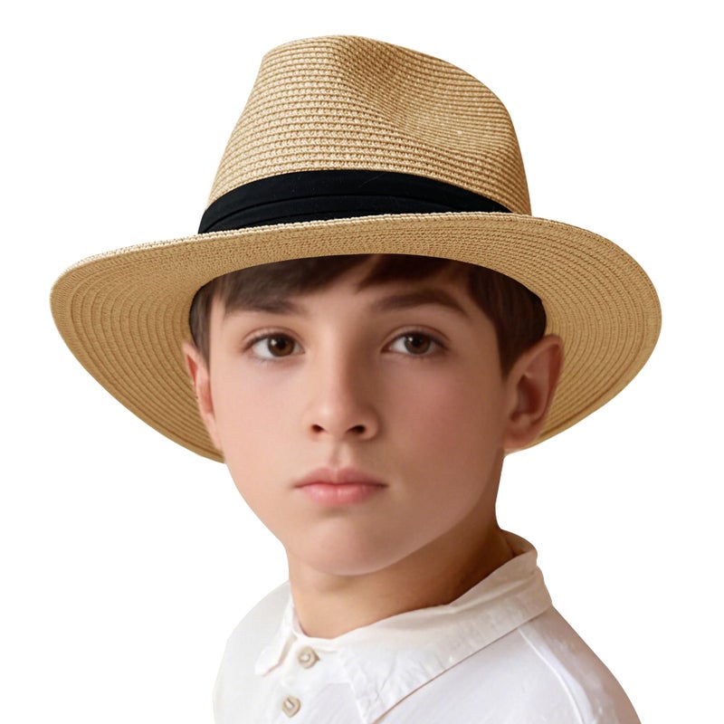 Jastore Little Kids Girls Boys Summer Fedora Straw Hat Wide Brim Floppy Beach Sun Visor Hat (Style B-Khaki, 3-6 Years) - Image 5