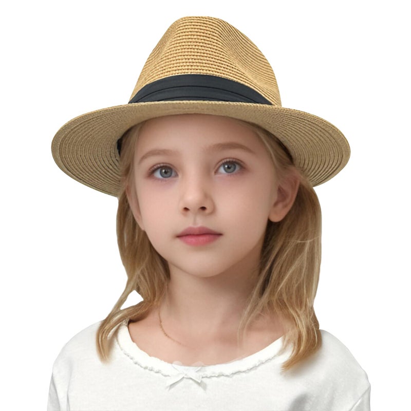 Jastore Little Kids Girls Boys Summer Fedora Straw Hat Wide Brim Floppy Beach Sun Visor Hat (Style B-Khaki, 3-6 Years) - Image 1