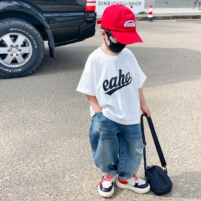 Boys T-Shirt Summer 2023 New Children'S Cool Handsome Trendy Brand Fried Street Summer Fashionable Korean T-Shirt Short-Sleeved Top - Image 1