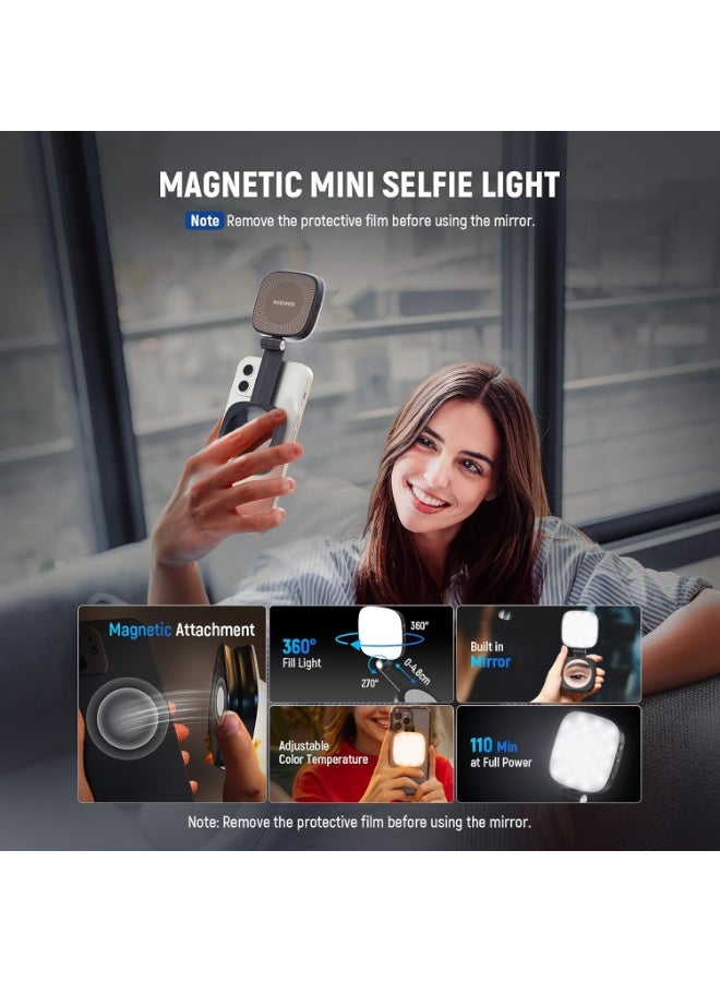 Neewer Magnetic Selfie Light Compatible with MagSafe iPhone,CRI95 700lx/0.3m Folding LED Phone Fill Ring Lighting with Mirror for Zoom Makeup Photography Recording Video Conference BLACK Magnetic Selfie Light - Image 3