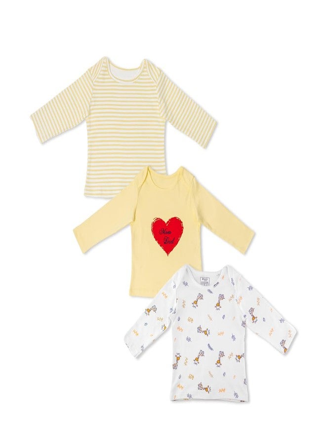 FawnFeel New Born Babies Tshirt Combo of 3 Tshirts (in, Age, 6 Months, 9 Months, Regular, All Over Giraffe, Yellow Strip & Yellow with Heart) - Image 1