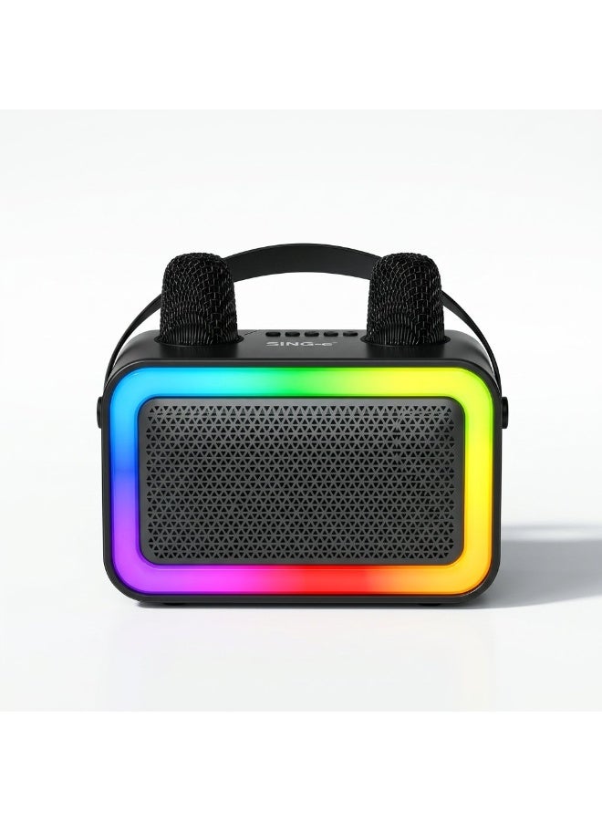 Portable wireless rechargeable mini speaker with RGB flashlight for home and outdoor parties, and includes 2 microphones. - Image 1