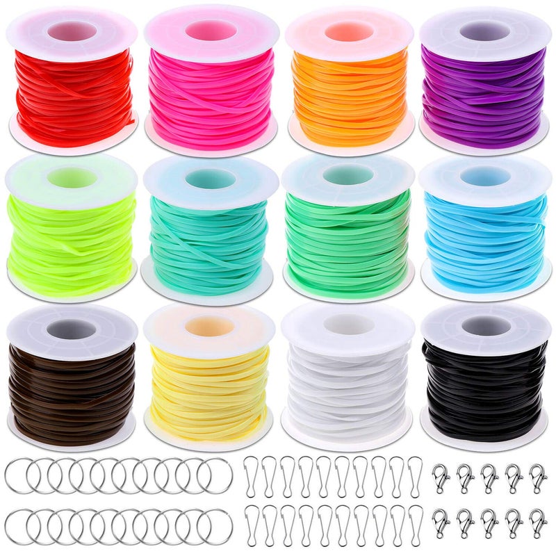 Lanyard String Cridoz Gimp String Kit with 12 Rolls Plastic Lacing Cord 20 Pcs Snap Clip Hooks 20Pcs Key Chain Ring Clips 10 Pcs Lobster Clasps for Crafts Bracelet and Lanyards