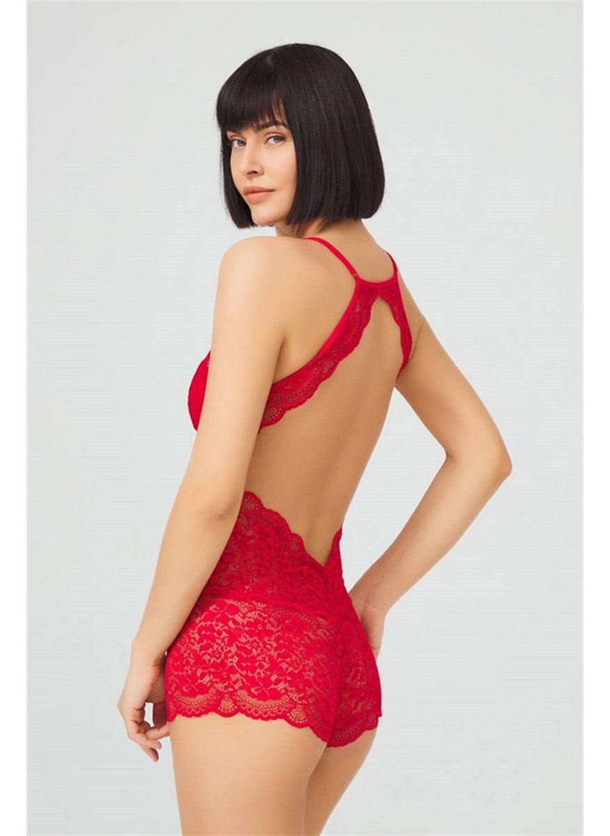 COTTONHILL Red Studs, Low-cut Back, Transparent Covered Lace Bodysuit  - Image 2